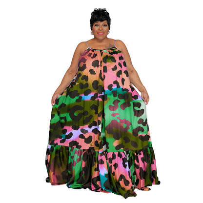 Women Plus Size Casual Loose Floral Leopard Print Spaghetti Strap Maxi Dress