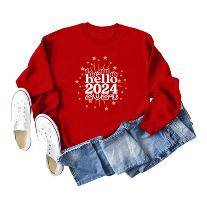 Sudadera holgada informal de color liso para mujer, con estampado de estrellas y letras 2024, cuello redondo y manga larga