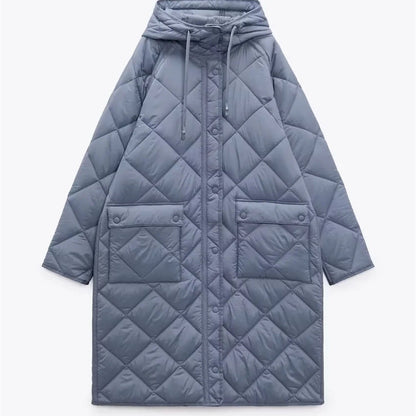 Chaqueta con capucha acolchada larga y cálida informal para mujer de otoño e invierno