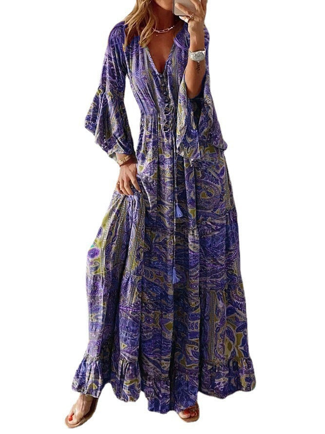 Women Fashion Casual Bohemian V-Neck Floral Print Horn Sleeve Maxi Dress