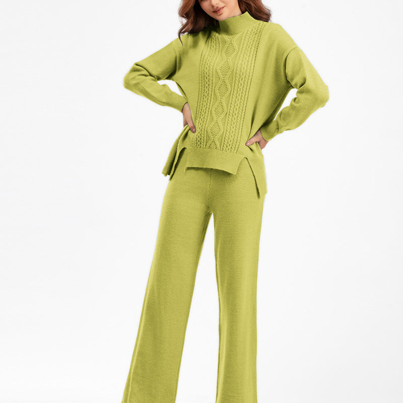 Conjunto de dos piezas de suéter de cuello alto de punto de color liso informal para mujer, otoño e invierno, pantalones de pierna ancha