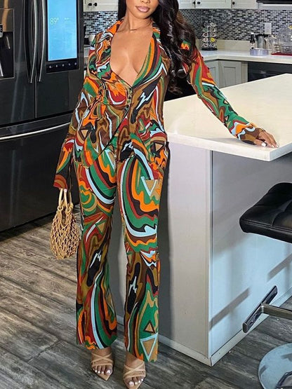 Conjunto de dos piezas de blusa holgada informal con escote en V profundo y botonadura sencilla para mujer, con pantalones anchos estampados sexys.