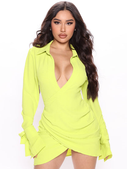 Vestido mini informal de verano para mujer, con escote en V profundo y manga larga cruzada