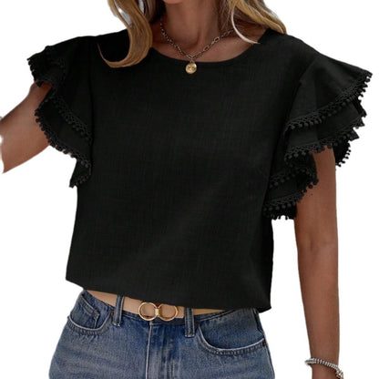 Blusas casuales de color sólido con cuello redondo y volantes para mujer