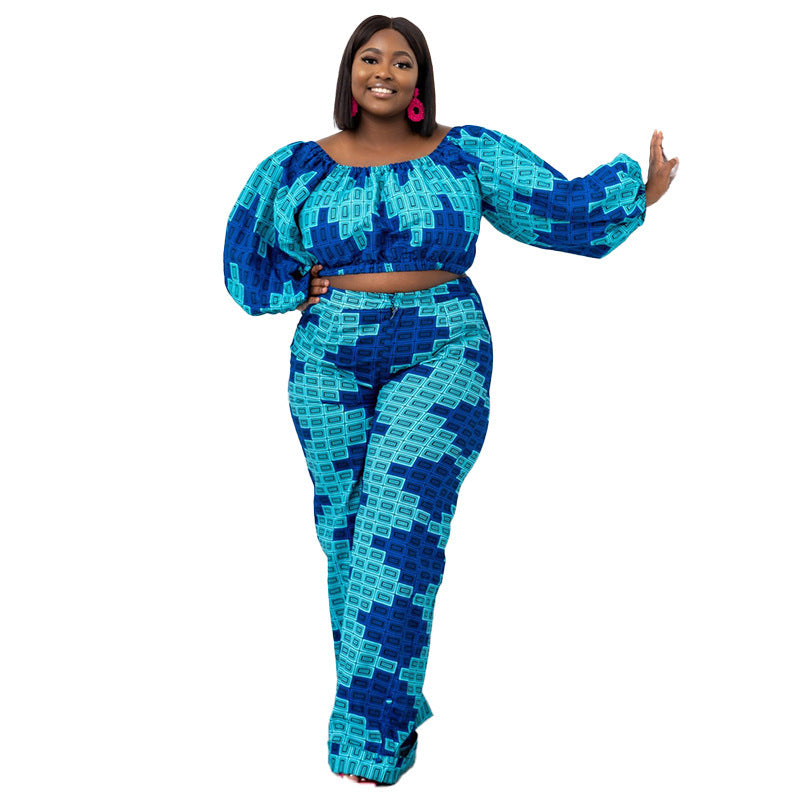 Conjunto informal de dos piezas con top de manga larga y pantalones holgados de cintura alta con cuello barco estampado para mujer de talla grande