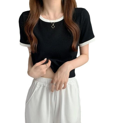 Camiseta informal de manga corta con cuello redondo y contraste de colores para mujer