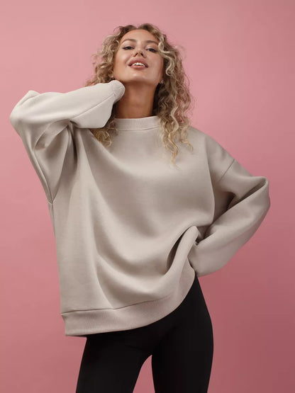 Sudadera informal holgada de manga larga con cuello redondo y color liso para mujer de otoño e invierno