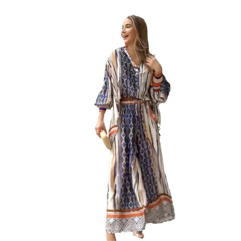 Women Office Casual Grapgic Print Lapel Long Sleeve Shirt Blouse Straight Trousers Set