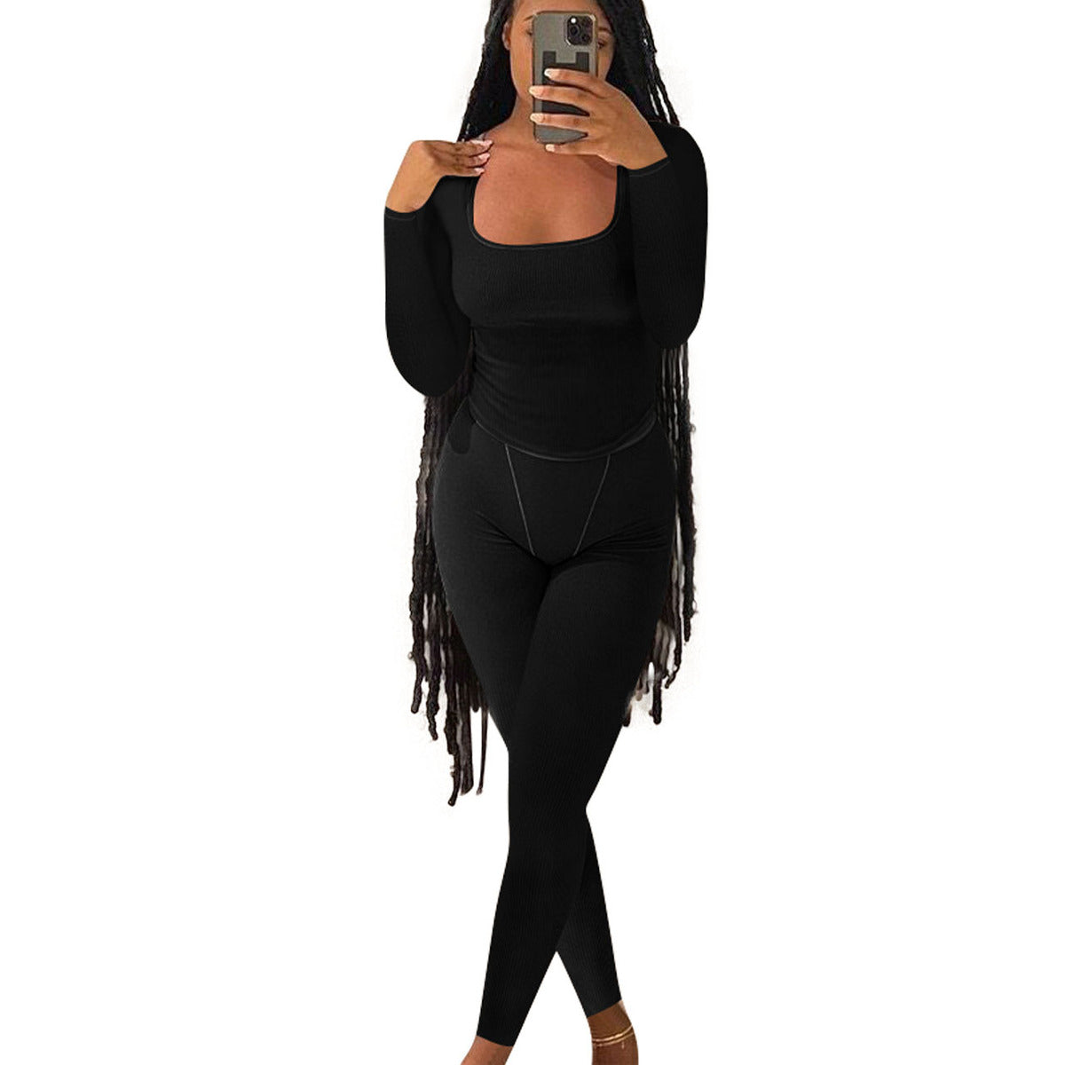 Women Fashion Casual Solid Color Thread Long Sleeve Top Tight Pants Two-Piece Set
