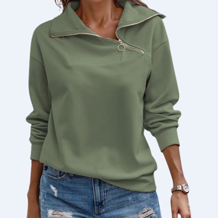 Sudadera informal de color liso con solapa y cremallera para mujer