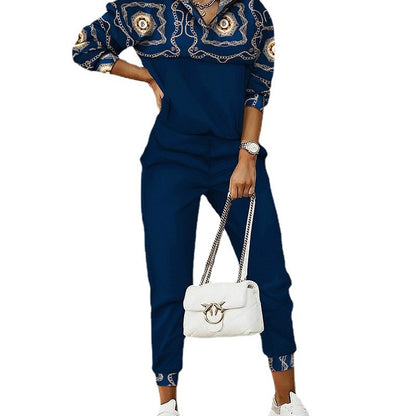 Conjunto informal de top y pantalón de manga larga con estampado geométrico colorido para mujer