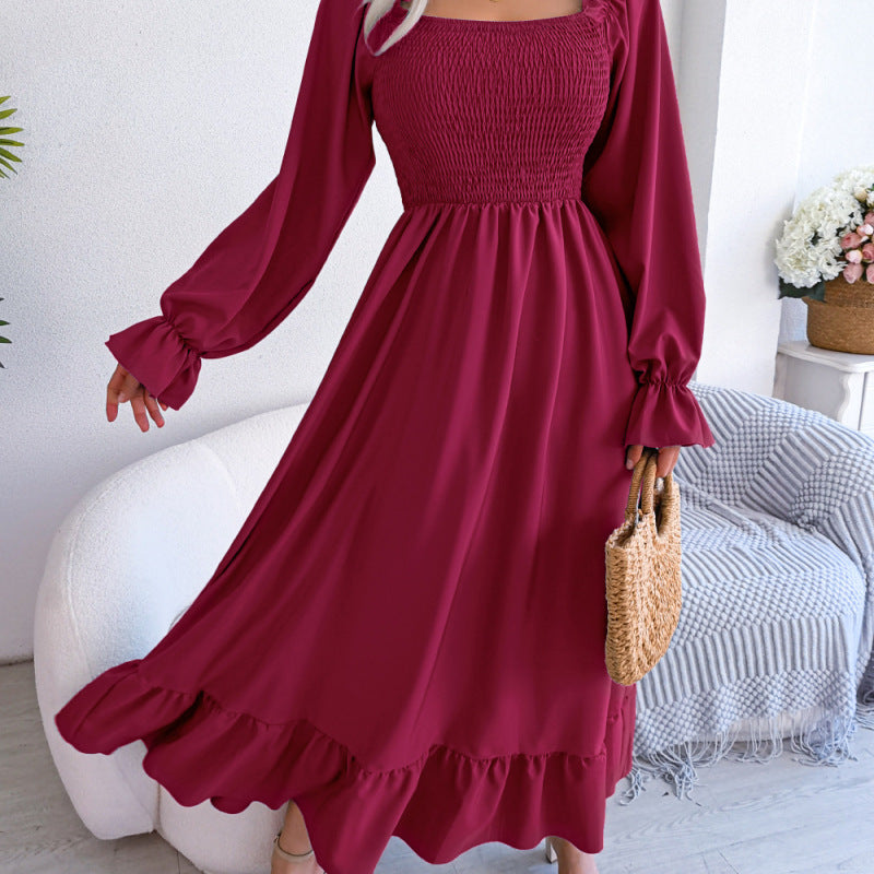 Women Fashion Casual Square Collar Large Ruffled Maxi Dress