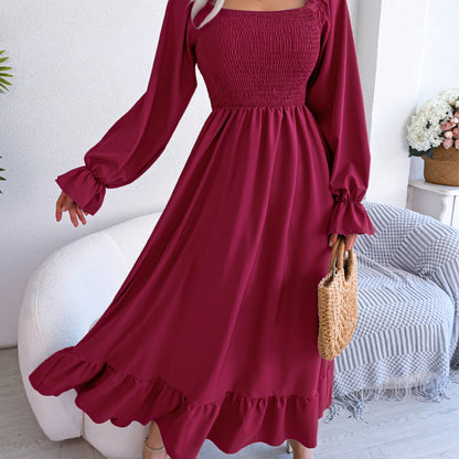Women Fashion Casual Square Collar Large Ruffled Maxi Dress