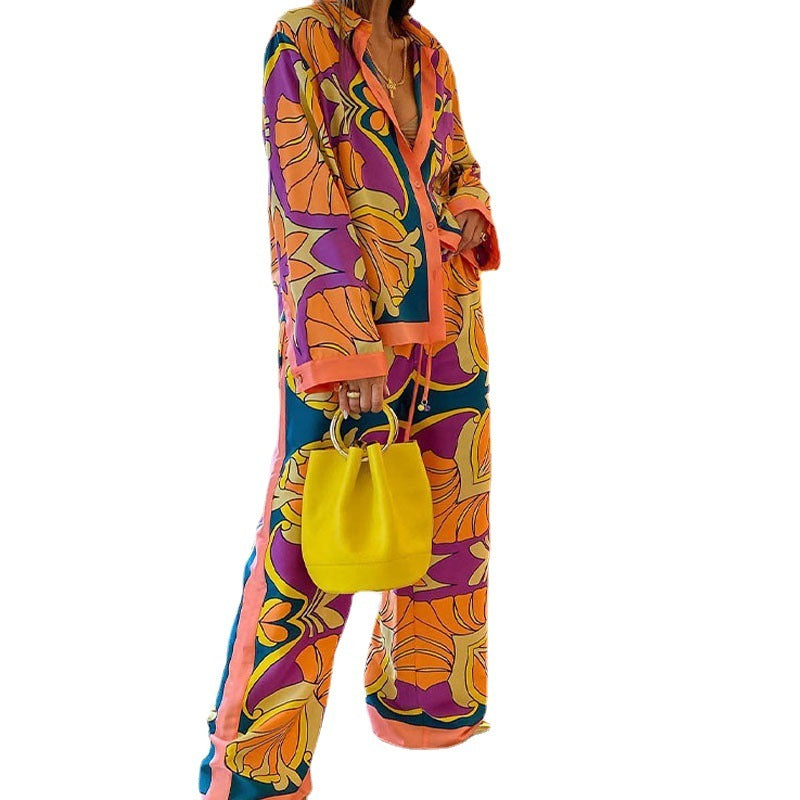 Camisa de manga larga con estampado informal para mujer, blusa y pantalones, traje de estilo étnico