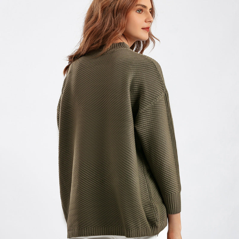 Suéter de punto de color sólido de manga larga suelto informal para mujer de otoño e invierno