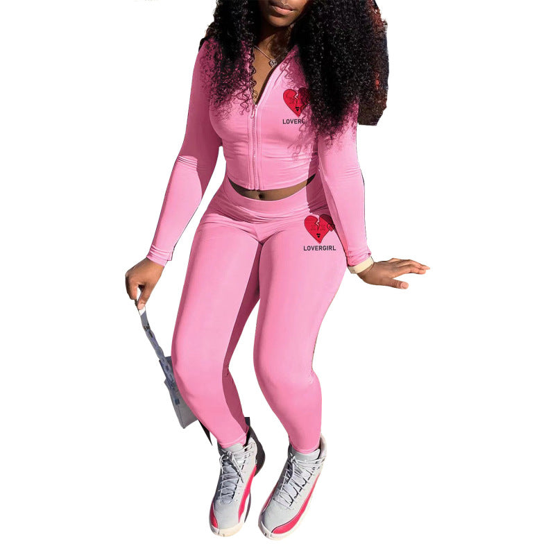 Conjunto deportivo informal de dos piezas con top y pantalones de manga larga con cremallera y estampado para mujer, corte ajustado