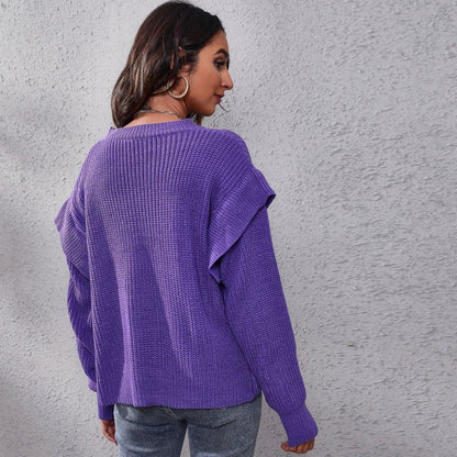 Women Casual Solid Color Round Neck Long-sleeved Loose Knitted Sweater