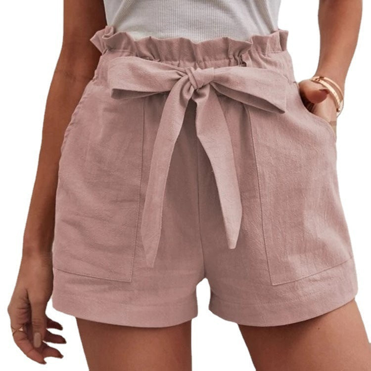 Women Casual Solid Color High Waist Bowknot Lace-Up Loose Shorts