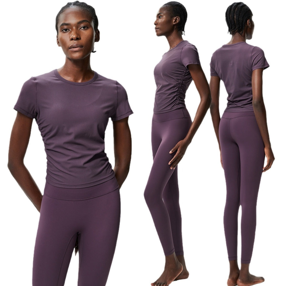 Conjunto de dos piezas para mujer, camiseta de manga corta con cuello redondo, pantalones deportivos ajustados para correr