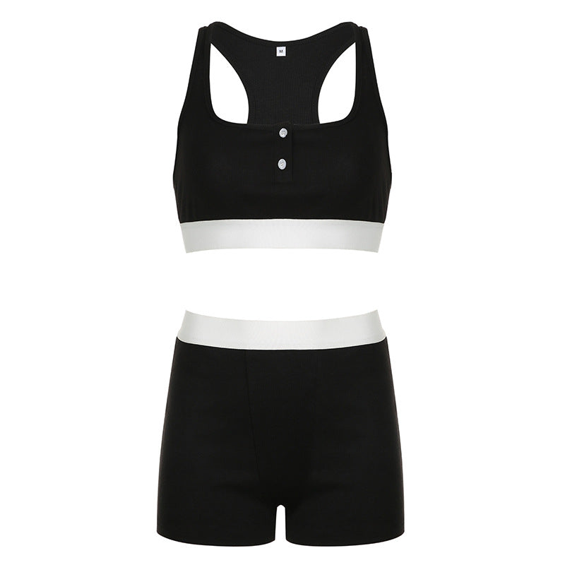 Casual Style Contrasting Color Sports Fashion Crop Tank Top High Waist Shorts Women Set