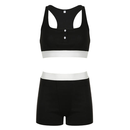 Casual Style Contrasting Color Sports Fashion Crop Tank Top High Waist Shorts Women Set