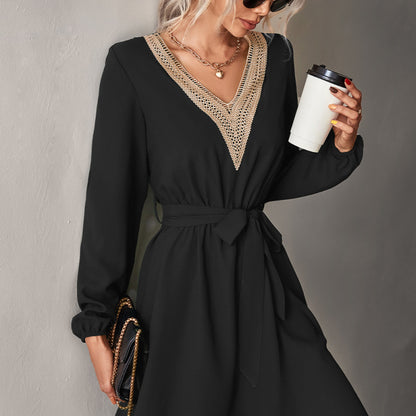 Vestido informal de manga larga con encaje y escote en V para mujer, moda Otoño Invierno