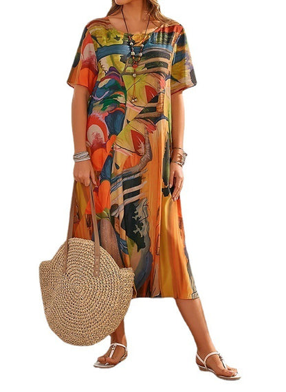 Women Casual Vintage Print Short Sleeve Dress