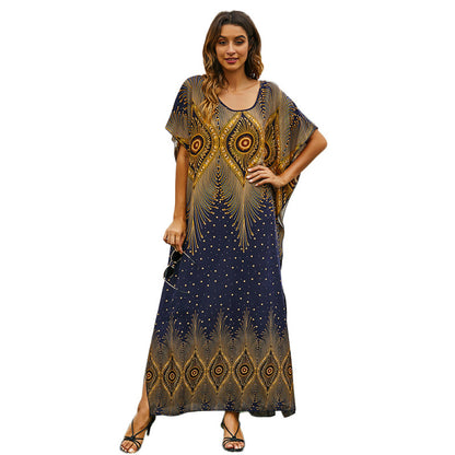 Vestido largo holgado con mangas murciélago y estampado informal a la moda para mujer
