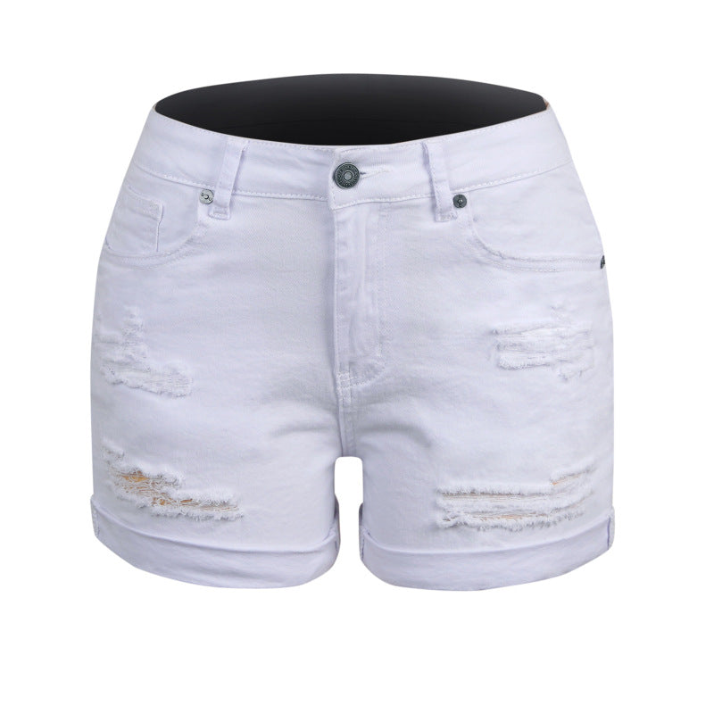 Summer Women Casual Solid Color Ripped Denim Shorts