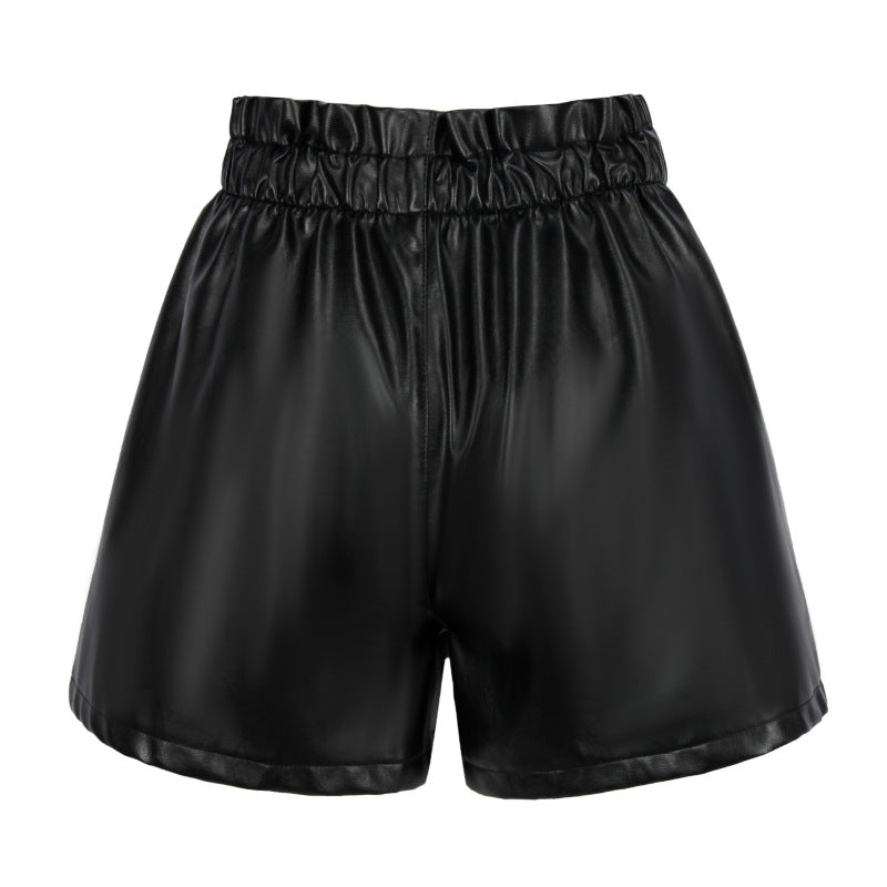 Women PU Leather High Waist Button Loose Casual Wide Leg Shorts