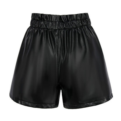 Women PU Leather High Waist Button Loose Casual Wide Leg Shorts