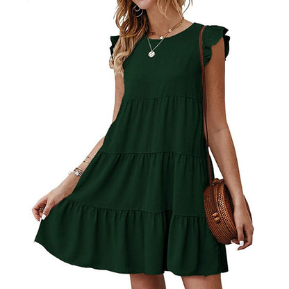 Women Summer Casual Solid Color Round Neck Casual Pleated Large Swing Dress