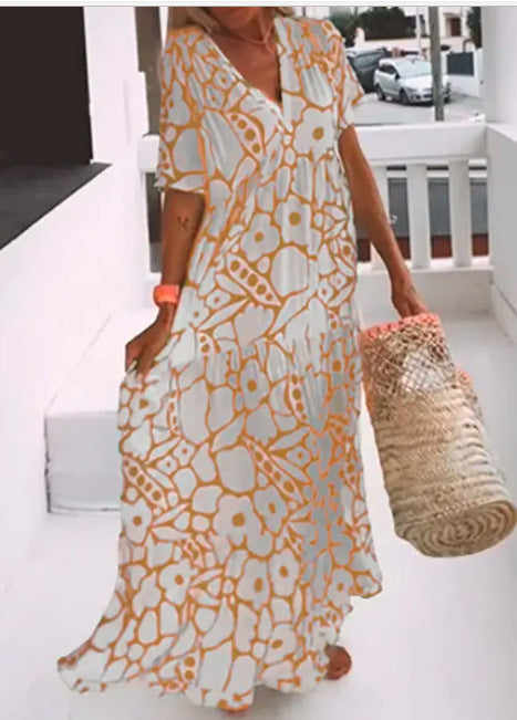 Vestido largo informal de verano con estampado floral y cuello en V para mujer