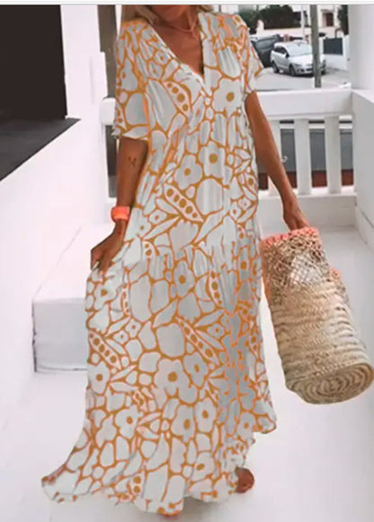 Vestido largo informal de verano con estampado floral y cuello en V para mujer