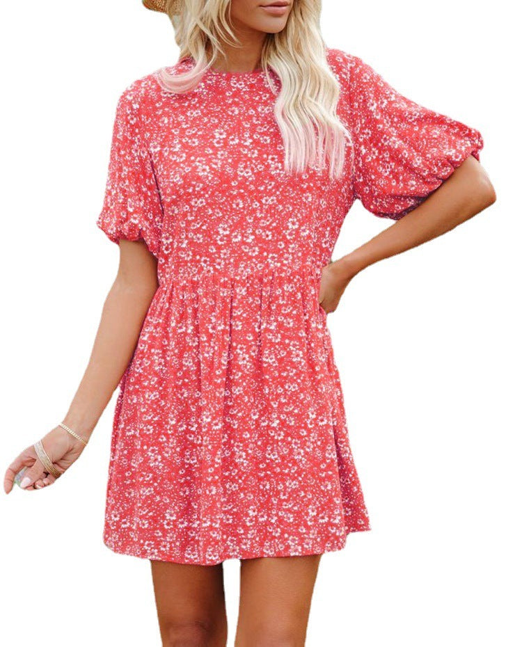 Vestido informal holgado de manga corta con estampado floral y mangas farol para mujer