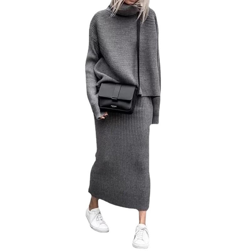 Conjunto de dos piezas informal holgado de cuello alto y manga larga para mujer, de punto liso, para invierno y otoño