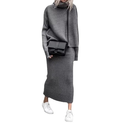 Conjunto de dos piezas informal holgado de cuello alto y manga larga para mujer, de punto liso, para invierno y otoño