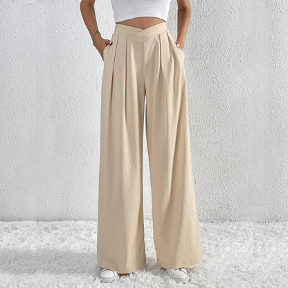 Pantalones anchos plisados de color liso, elegantes e informales para mujer