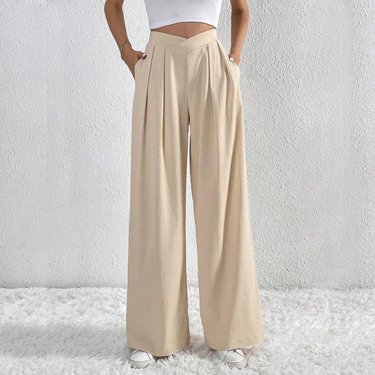 Pantalones anchos plisados de color liso, elegantes e informales para mujer
