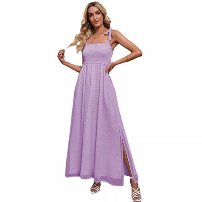 Vestido largo informal de gasa de color liso con doble capa y abertura lateral para mujer