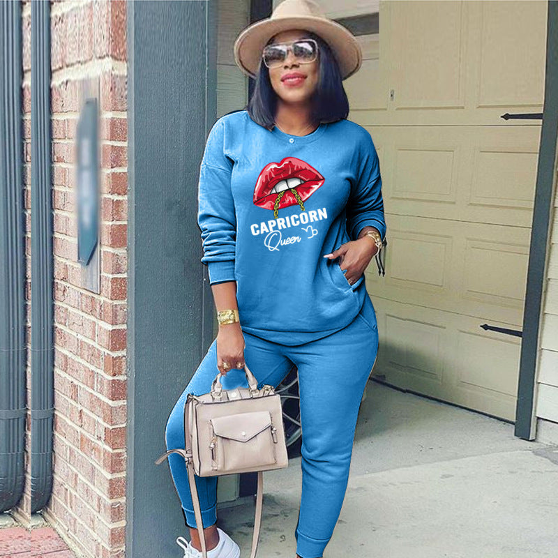 Conjunto deportivo de dos piezas para mujer, moda deportiva, sudadera de manga larga con estampado de labios y letras, pantalones casuales