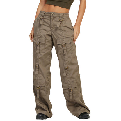 Women Fashion Casual Solid Color Loose Straight Leg Cargo Pants