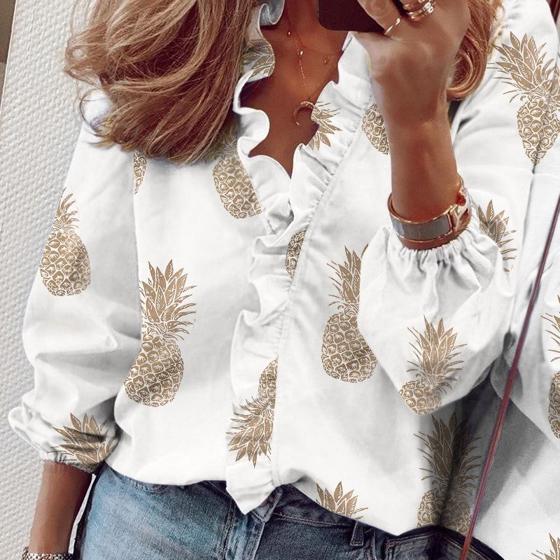 Blusa informal con cuello en V y mangas farol con volantes para mujer