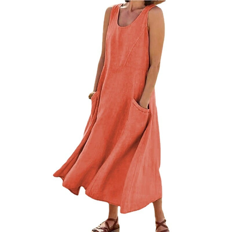 Summer Women Casual Solid Color Sleeveless Round Neck Pocket Cotton Linen Dress