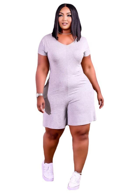 Women Casual Solid Color Short Sleeve Plus Size Romper