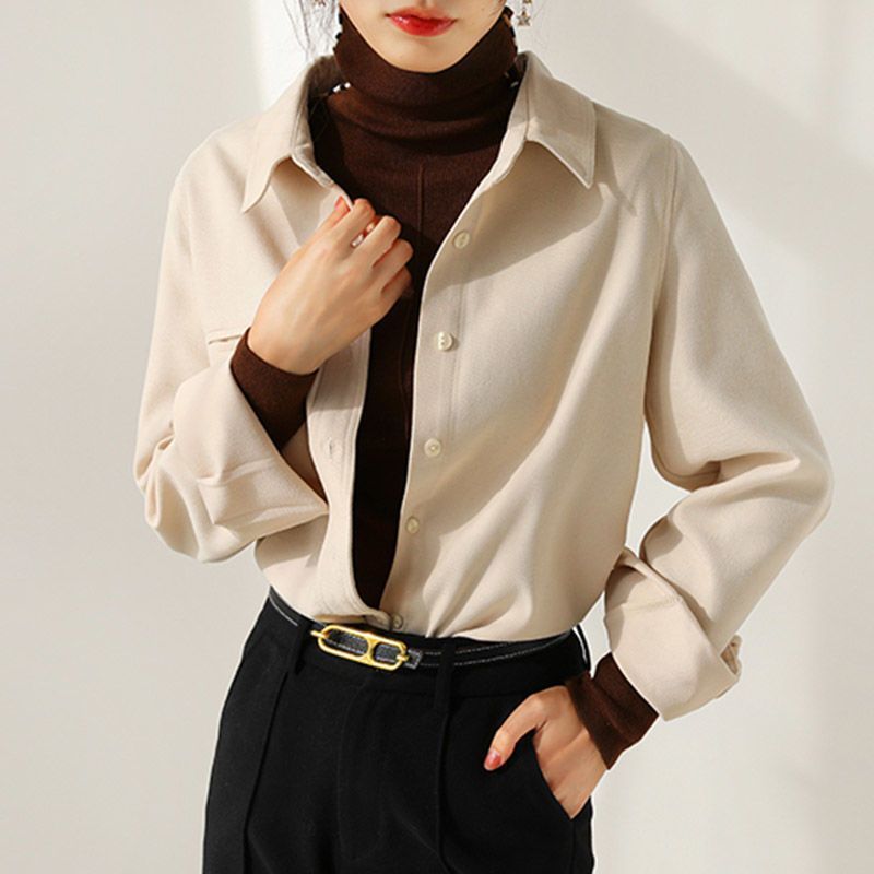 Women Fashion Casual Winter Long Sleeve Solid Thickened Corduroy Shirt Office Blouse
