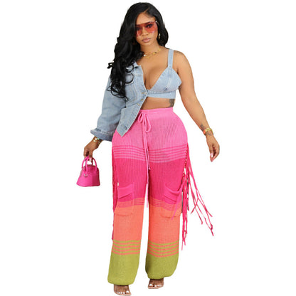 Pantalones rectos holgados con borlas y diseño de bloques de color para mujer, informales, de invierno