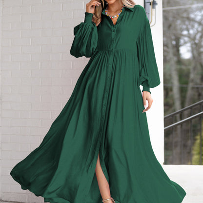 Women Fashion Casual Solid Color Creased Long Sleeve Maxi Dress