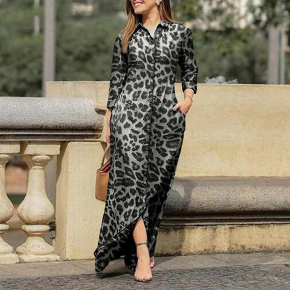 Women Casual Leopard Long Sleeve Button Maxi Shirt Dress