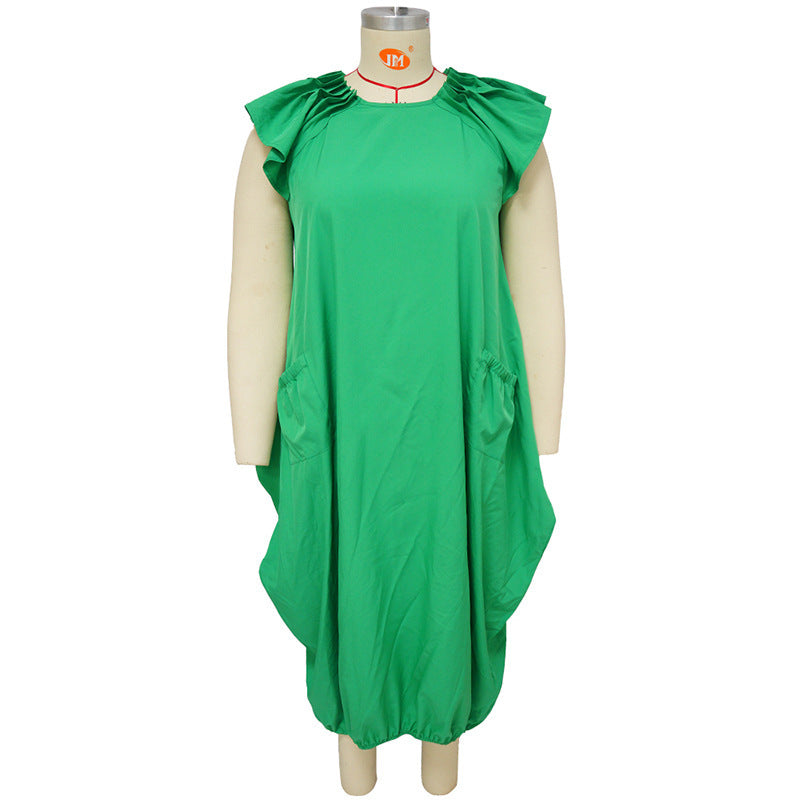 Vestido holgado informal de talla grande con mangas casquillo y volantes de color liso a la moda para mujer